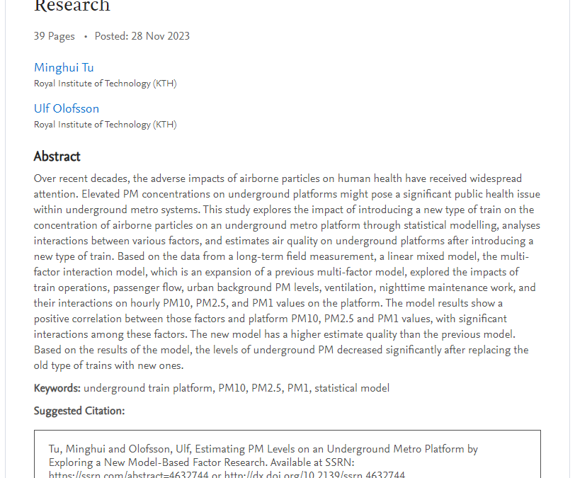 Journal paper by KTH on Estimating PM Levels on an Underground Metro Platform