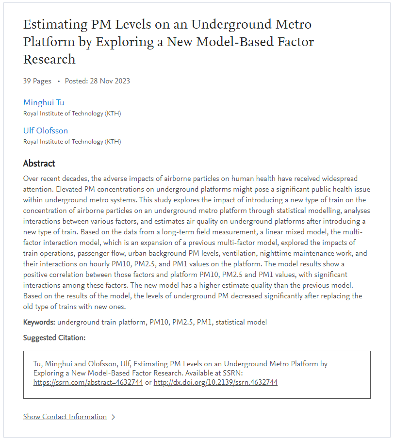 Journal paper by KTH on Estimating PM Levels on an Underground Metro Platform